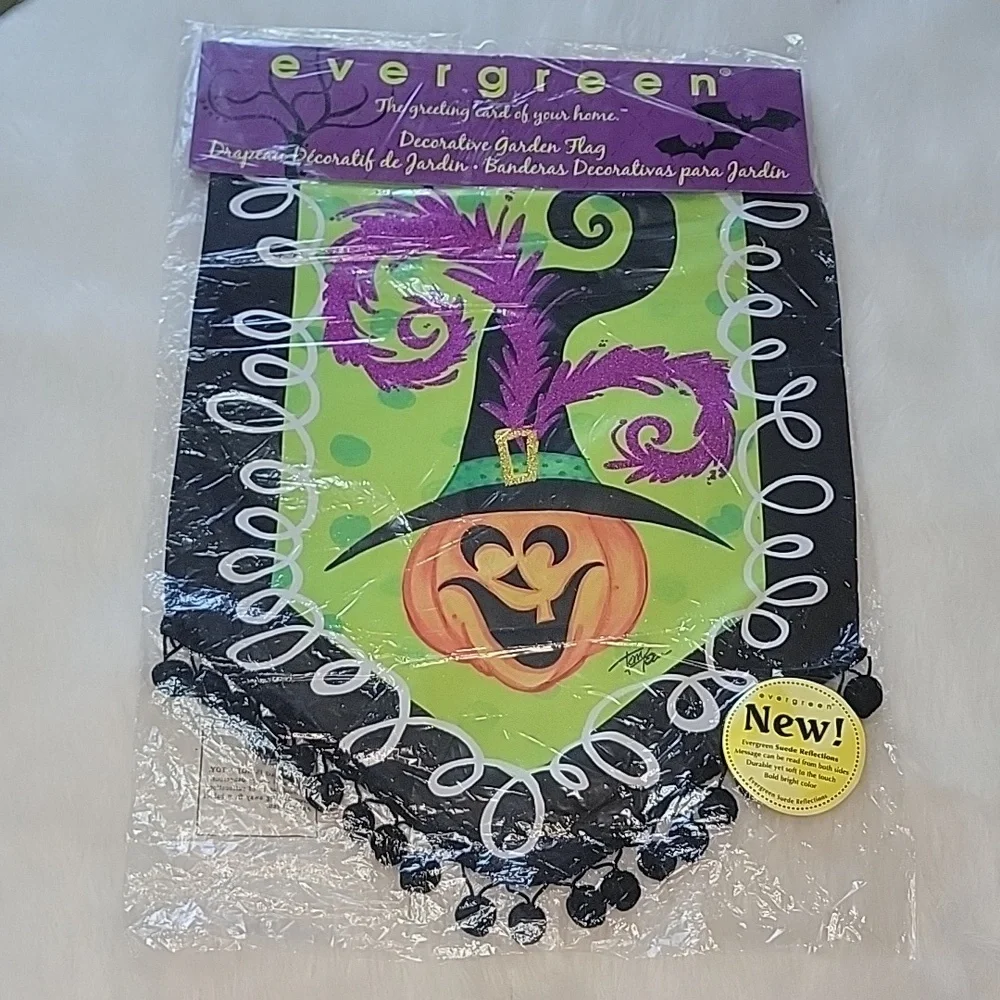 EVERGREEN SUEDE REFLECTIONS Pumpkin Witch Hat Double Sided Halloween Garden Flag